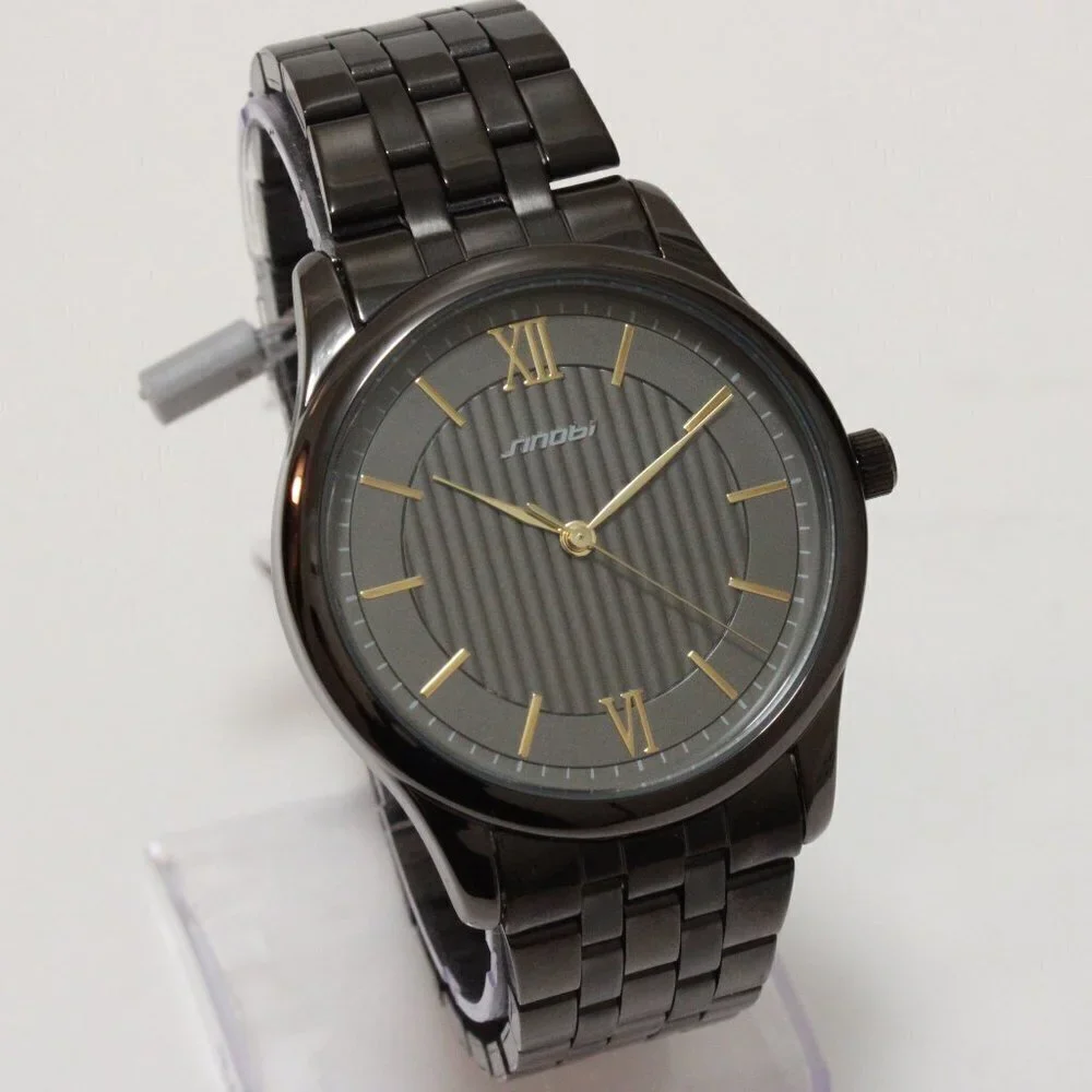Ladies Classic Quartz Watch Black Textured Dial Gold Tone Indices Roman Numerals